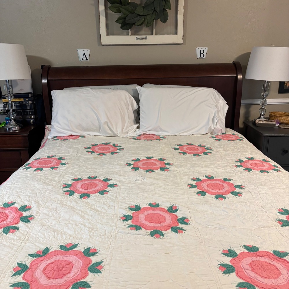 Vintage Handmade Rose of Sharon Ohio Rose Applique Quilt Pink Green 66x80 Twin